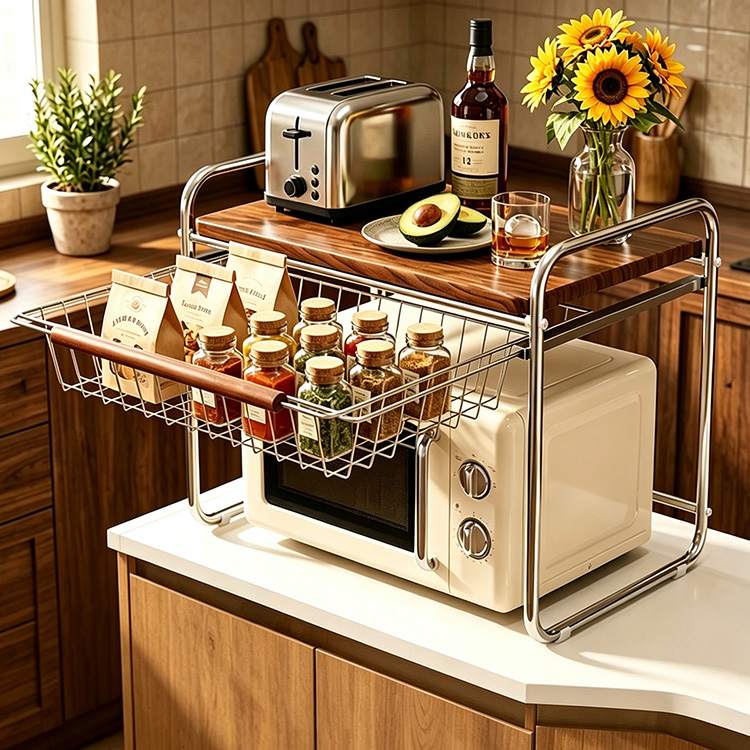 Ano ang Nagiging Mahalaga ang Countertop Microwave Rack na may Slide‑Out Drawer bilang isang Smart Kitchen Storage