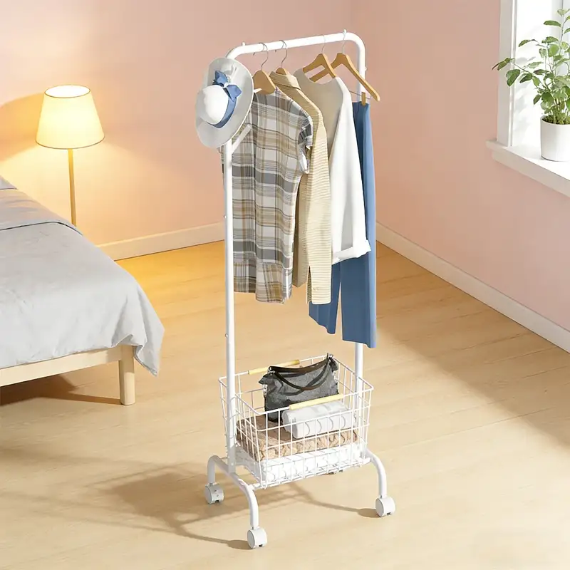 Portable Floor-Standing Clothes Rack na may Storage Basket