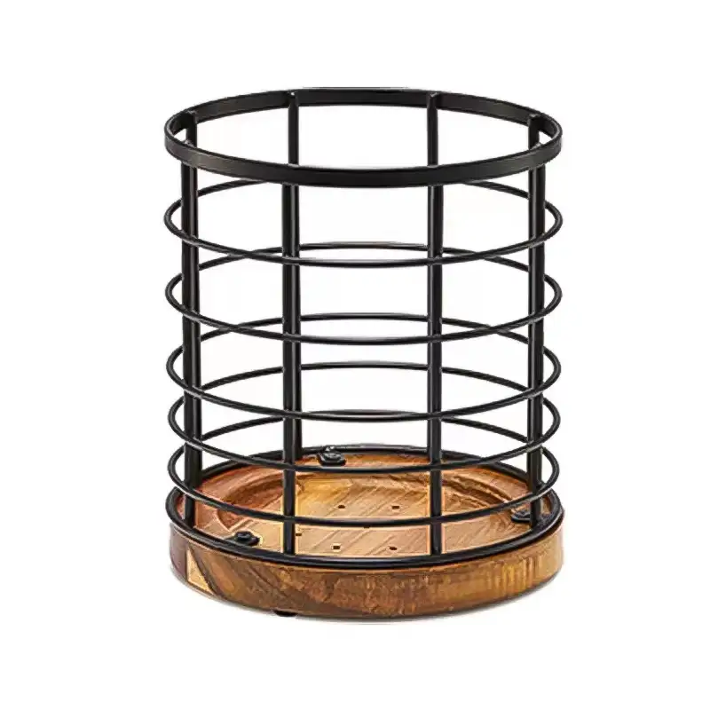 Metal Wire Utensil Holder na may Wooden Base