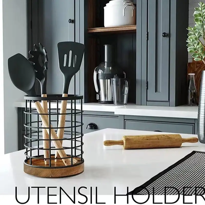 Metal Wire Utensil Holder na may Wooden Base