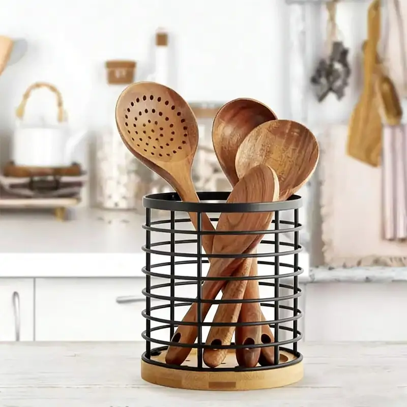 Metal Wire Utensil Holder na may Wooden Base